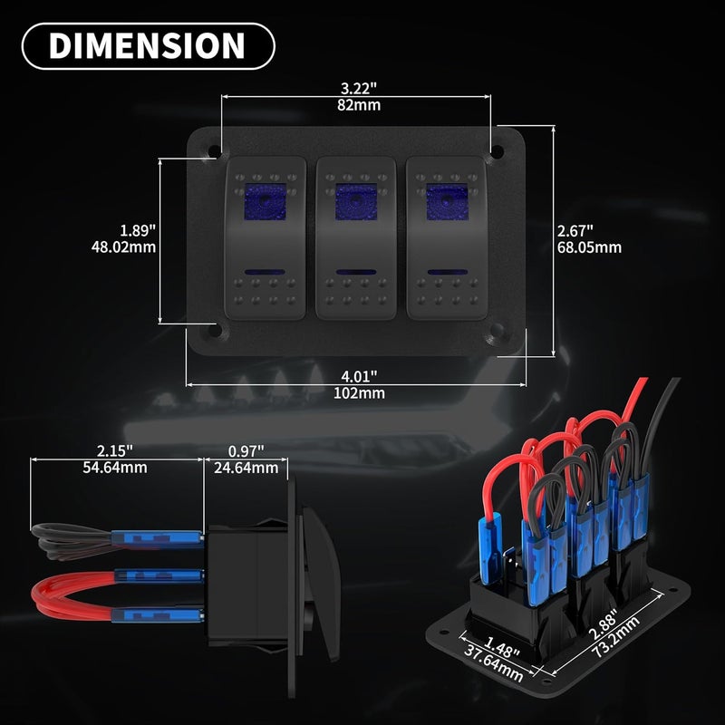 DAIERTEK Marine Switch Panel Waterproof 12V 3 Gang Rocker Switch Panel Blue LED Light Toggle Switch Aluminum Panel Pre-Wired for Car Truck Boat RV UTV ATV RZR - Image 2